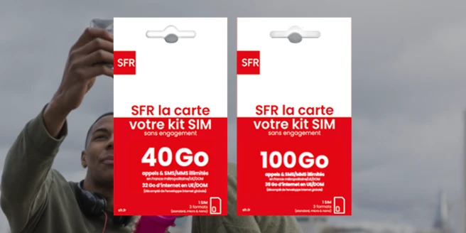 SFR La carte, votre kit SIM sans engagement 80 Go d'internet mobile plus appels, sms et mms illimités. SFR La carte, votre kit SIM sans engagement 140 Go d'internet mobile plus appels, sms et mms illimités.